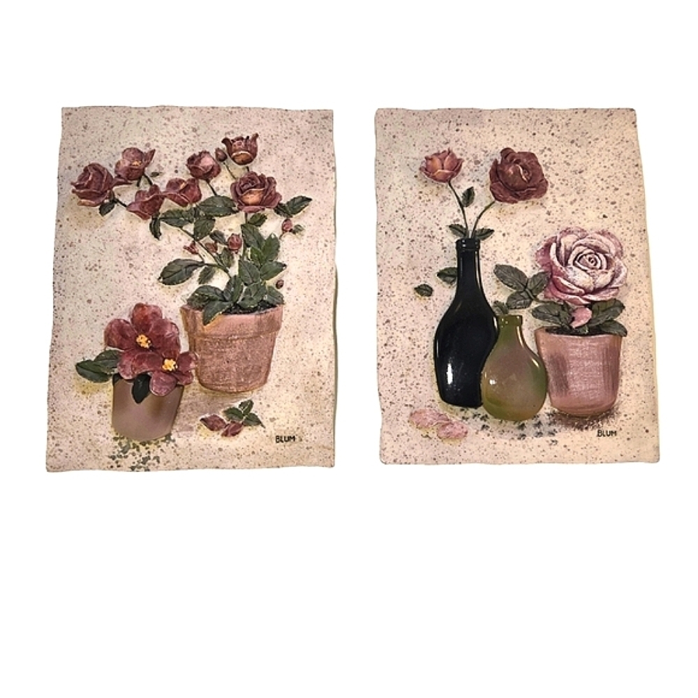 Blum Artisan 3D Clay Floral Wall Plaque 4.5" x 6" Artwork Lilac Rose Green